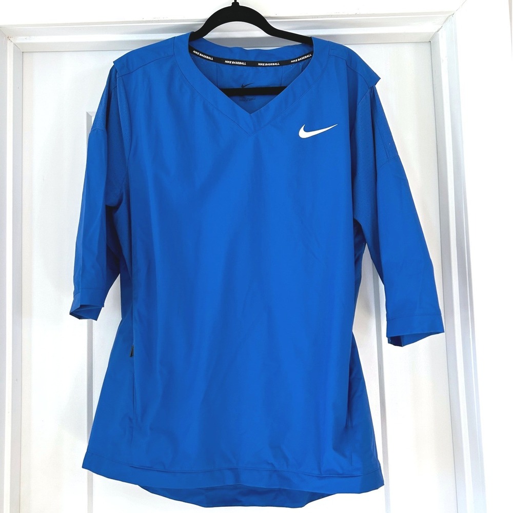 Nike Baseball Hot Jacket Mens Medium Blue V-Neck Short Sleeve Windshirt Warmup